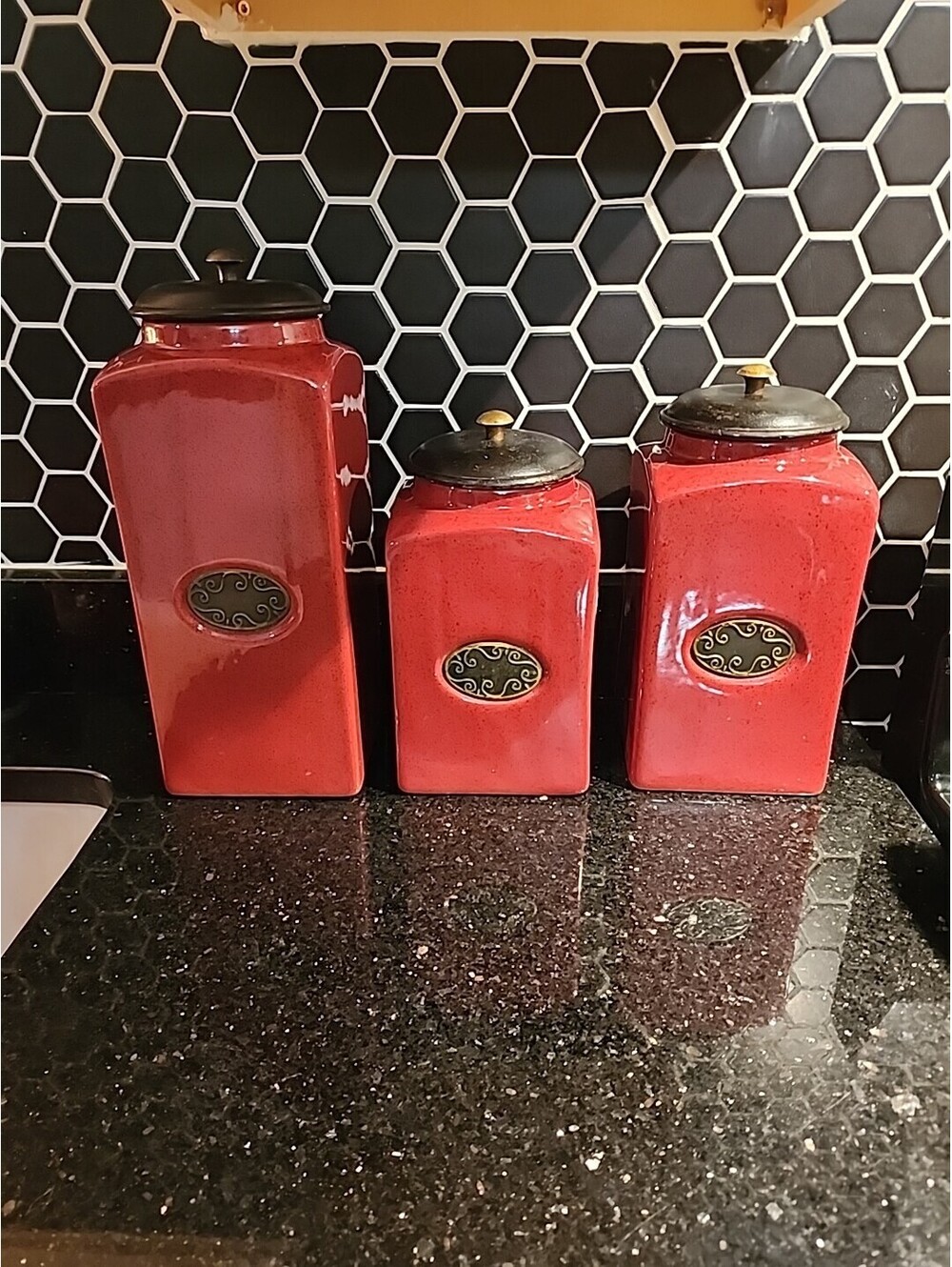 PIER 1 One Rustic Brick Red 3 PCs Ceramic Canister Set W/ Vacuum Seal Lids